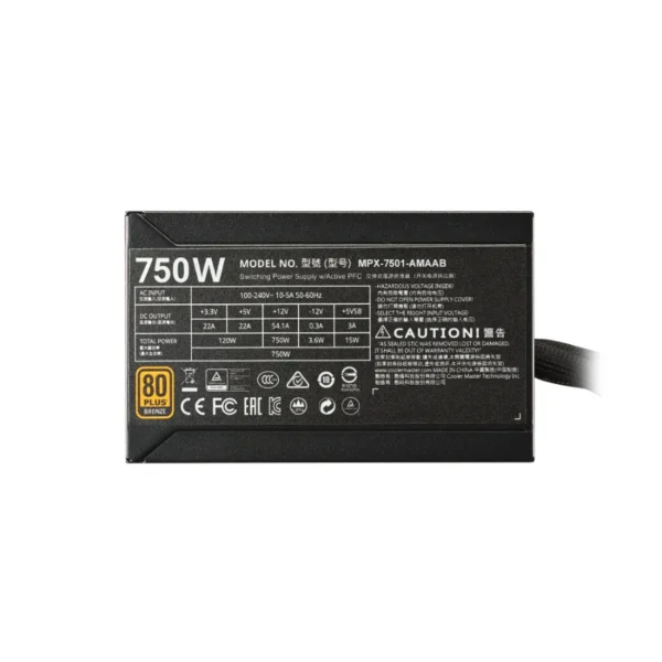 Fuente De Poder COOLER MASTER Masterwatt 750W / 80 Plus Bronze / ATX / Semi Modular / 20+4 Pin / Pci-e 6+2 / Cpu 4+4 / 120mm - Image 6