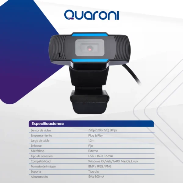 Cámara Web QUARONI QWC-01 / 1280 X 720p / USB / 3.5mm Para Audio / Micrófono Integrado / Negro / QWC-01 - Image 5
