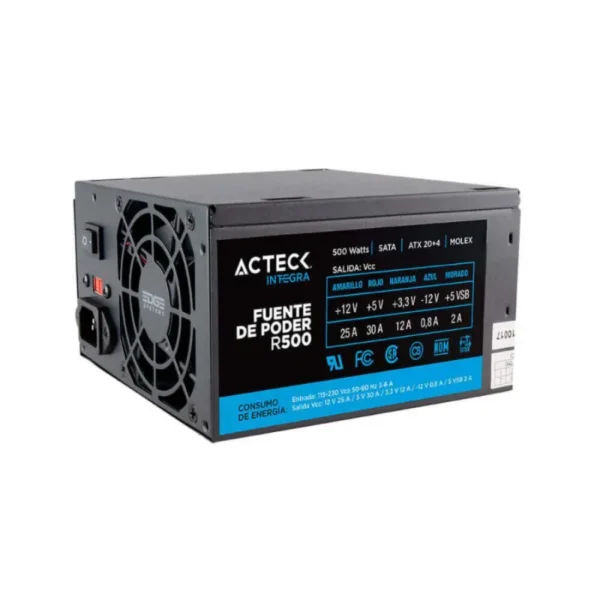Fuente De Poder Acteck R-500 / 500w / Genérica / 24 Pines / X2 Sata / X2 Molex / 1 Floppy / Ventilador 80mm / CABLES CORTOS / Negro - Image 1