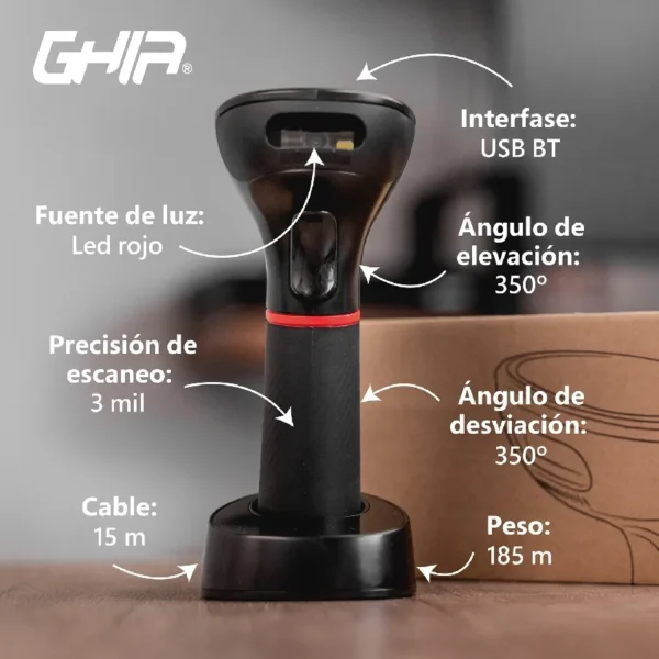 Lector De Códigos De Barras GHIA 2D / Inalámbrico / Bluetooth / Receptor Usb / Base De Carga / Compatible Con QR / Negro / GSW2 - Image 7