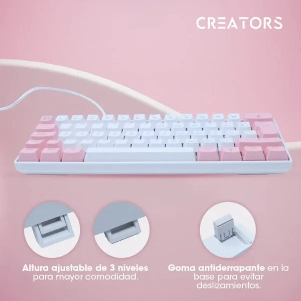 Teclado Mecánico OCELOT  RGB / 60% / Switch Blue / Alámbrico / USB-A, USB-C / Win, Mac, Xbox, Play Station / Español / Blanco Con Rosa - Image 12