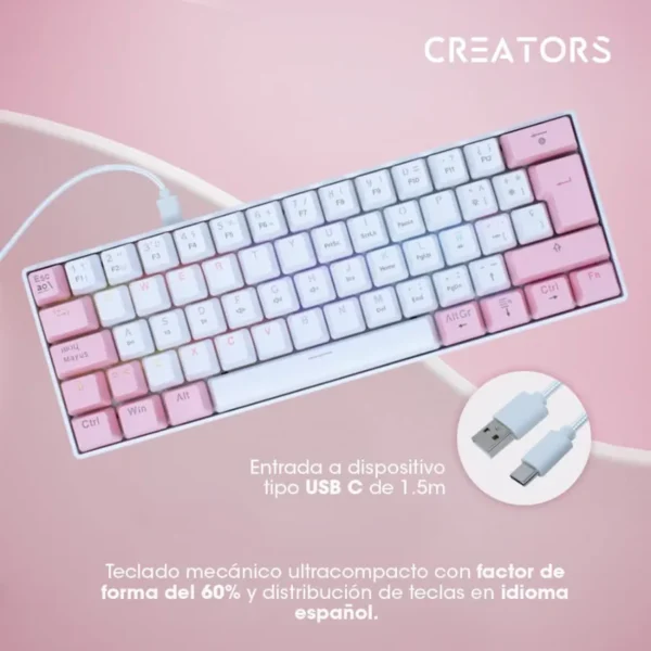 Teclado Mecánico OCELOT  RGB / 60% / Switch Blue / Alámbrico / USB-A, USB-C / Win, Mac, Xbox, Play Station / Español / Blanco Con Rosa - Image 10