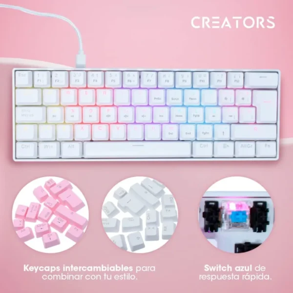 Teclado Mecánico OCELOT  RGB / 60% / Switch Blue / Alámbrico / USB-A, USB-C / Win, Mac, Xbox, Play Station / Español / Blanco Con Rosa - Image 8