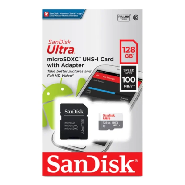 Micro SDXC- SDHC SANDISK Ultra Clase 10 / 128GB / Lectura 100MB/s / UHS-I / Con Adaptador / SDSQUNR-128G-GN3MA - Image 3