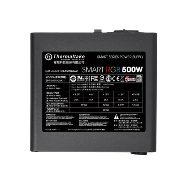 Fuente De Poder THERMALTAKE Smart RGB / 500W / 80 Plus / 20+4 Pin / CPU 4+4 Pin / Pci-E 6+2 / Sata / Molex / Ventilador 120mm / Negro - Image 4