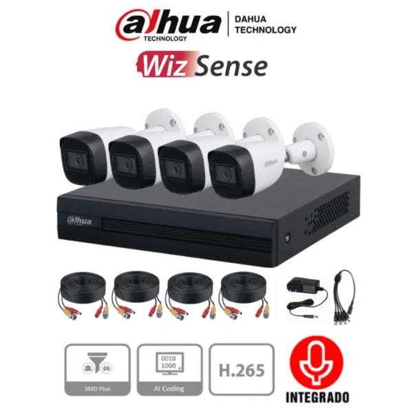 Kit de 4 Cámaras Metálicas de 2 Megapíxeles Con Audio DAHUA / DVR Cooper-I WizSense Con IA H.265+ / 4 Ch+ 1 IP o Hasta 5 Ch IP/ 4 Ch SMD Plus - Image 1