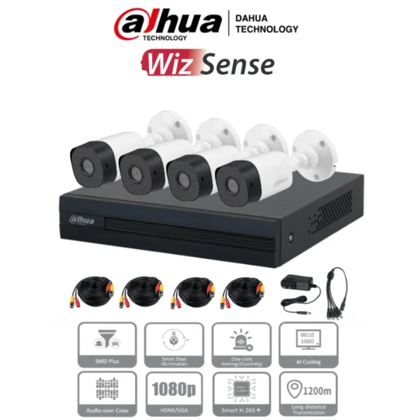 Kit de 4 Cámaras 2 Megapíxeles 1080p DAHUA / DVR Cooper-I WizSense Con IA / H.265+/ 4 Ch + 1 IP o Hasta 5 Ch IP / 4 Canales SMD Plus/ Búsqueda de Humanos, Vehículos - Image 1