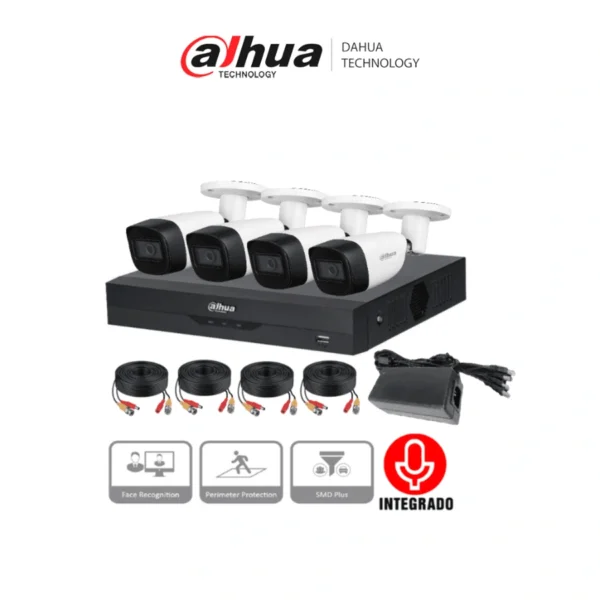 Kit de 4 Cámaras Metálicas de 5MP con Audio DAHUA / DVR WizSense con Reconocimiento de Rostros / H.265+ / 4 Ch + 4 IP o Hasta 8 Ch IP / 4 Ch SMD Plus / Búsqueda de Humanos y Vehículos / Negro Con Blanco - Image 1