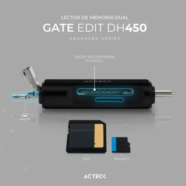 Lector De Memoria Dual ACTECK DH450 / USB A - USB C / Micro SD / TF / Negro - Image 3