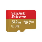 Memoria Micro SDXC SANDISK Extreme / 512GB / Lectura 190MB/S / Clase 10, UHS-I U3, V30, A2 / Con Adaptador / Dorado-Rojo