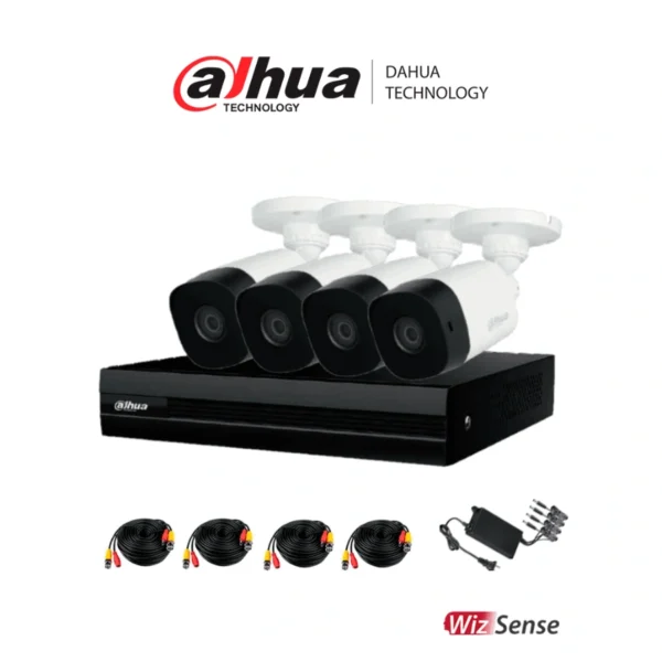 KIT DE VIGILANCIA DAHUA / 8 Canales / 2 MP. / 4 Cámaras / 3.6 Mm / Wizsense / H.265 / 1080p / 1 Ip / SMD Plus / 1 Puerto Sata / Color Negro - Image 1