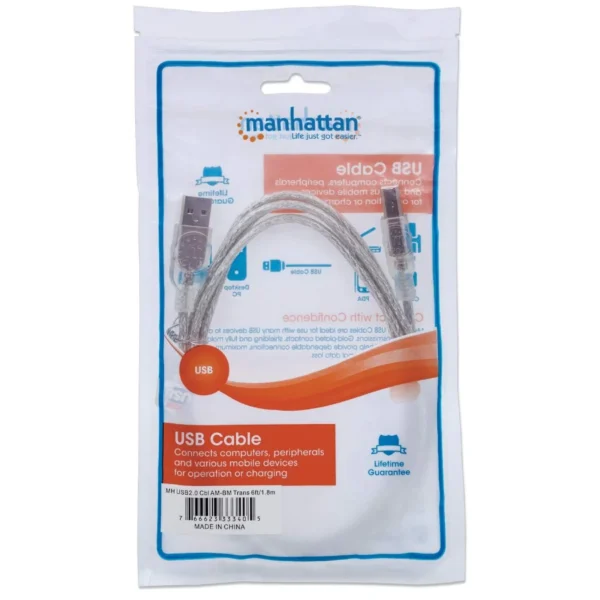 Cable Para Dispositivos USB B MANHATTAN 333405 / Versión 2.0 / Macho A Macho / 480Mbps / 1.8Mts / Color Plateado - Image 4
