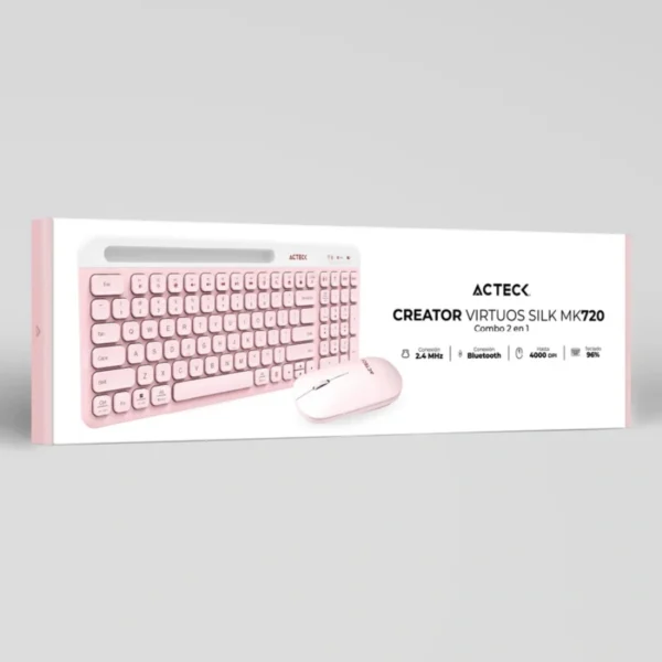 Kit De Teclado Y Mouse ACTECK CREATOR VIRTUOS SILK MK720 / Membrana / Inalámbrico / Receptor USB, Bluetooth / Teclas Multimedia / 4000DPI Ajustables / 4 Botones / Español / Rosa-Blanco - Image 7