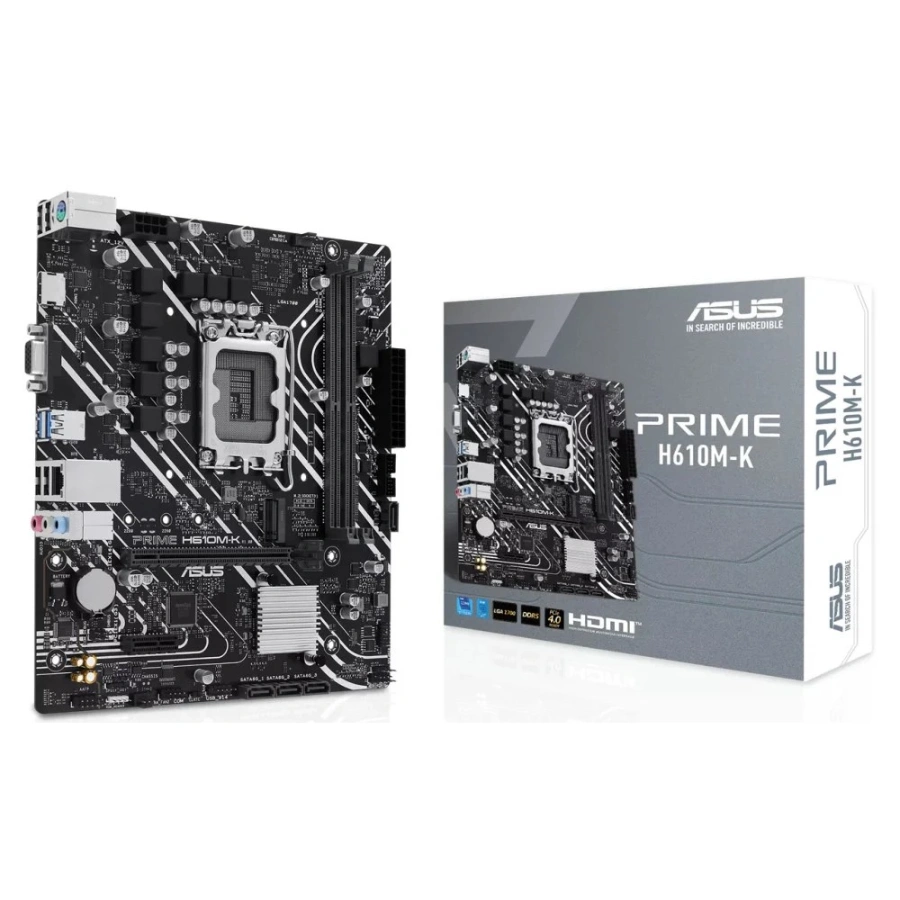 PRIME H610M-K 1 Tarjeta Madre ASUS PRIME H610M-K / Socket 1700 / 96GB X2 DDR5 5600MHz / VGA, HDMI / USB 3.2, USB 2.0 / M.2 PCIe 3.0 / ASUS Lighting Control / Micro ATX - Image 1