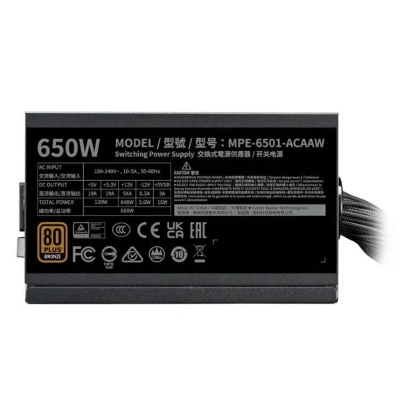 Fuente De Poder COOLER MASTER MWE BRONZE 650 V3 / 650 W / 80 Plus Bronze / 24 Pin ATX / CPU 4+4 / PCI-E 6+2 / SATA / Molex / Negro - Image 4