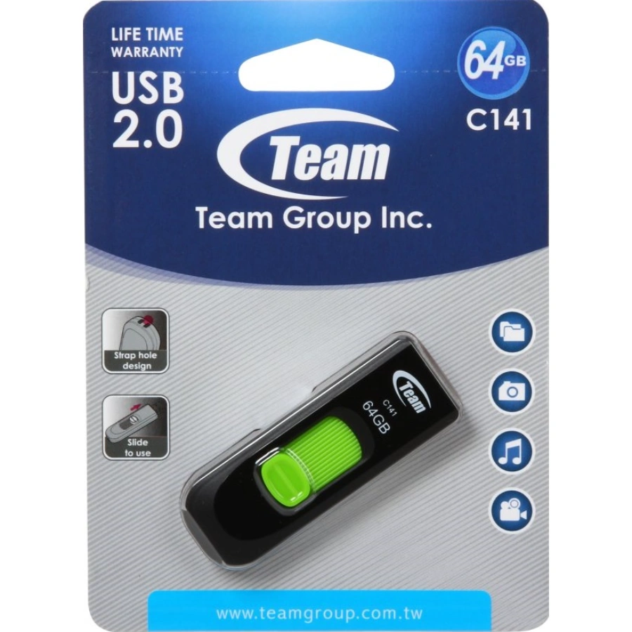 147549 Memoria USB TEAMGROUP C141 / 64GB / Interfaz USB 2.0 / Deslizante / Negro Con Verde - Image 1