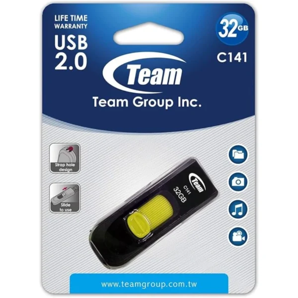 Memoria USB TEAMGROUP C141 / 32GB / USB 2.0 / Deslizante Sin Tapa / Negro-Amarillo - Image 1