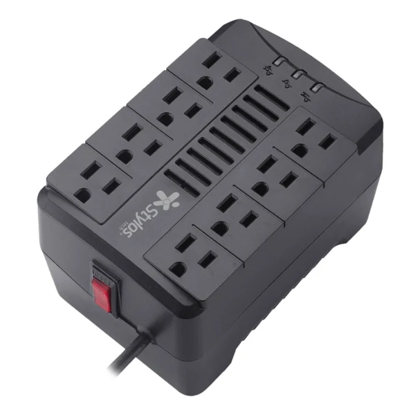 Regulador Stylos RE480 / 480W / Con Led Indicador / Entrada 120V / 8 Contactos / Supresor De Voltaje / Contra Sobre Carga / Negro - Image 1
