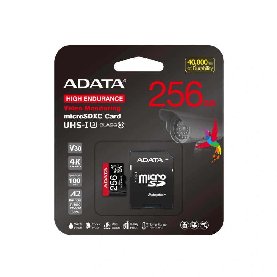 AUSDX256GU9 Memoria Micro SD ADATA HIGH ENDURANCE / 256GB / UHS-I, Clase 10 / Con Adaptador / Lectura 100/85MB/s / Negro Rojo - Imagen 1