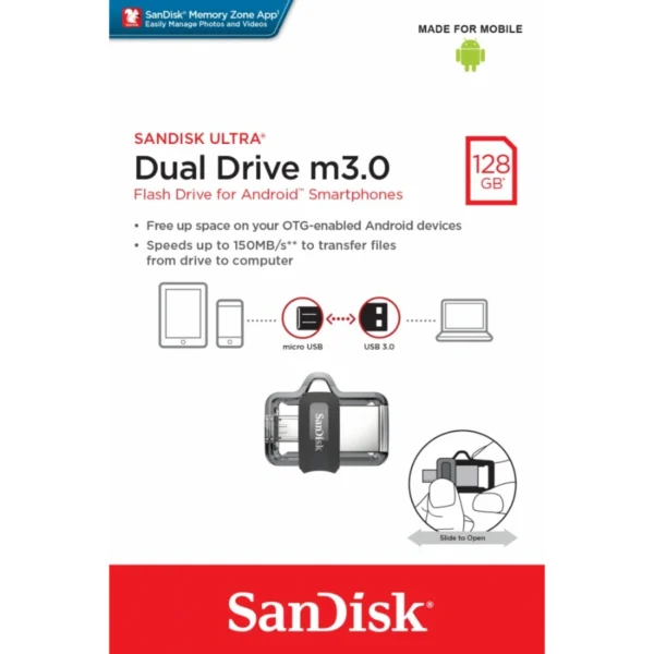Memoria USB SANDISK ULTRA DUAL DRIVE M3.0 / 128GB / Micro-USB, USB 3.0 / Diseño Retráctil / Negro Con Gris - Image 1