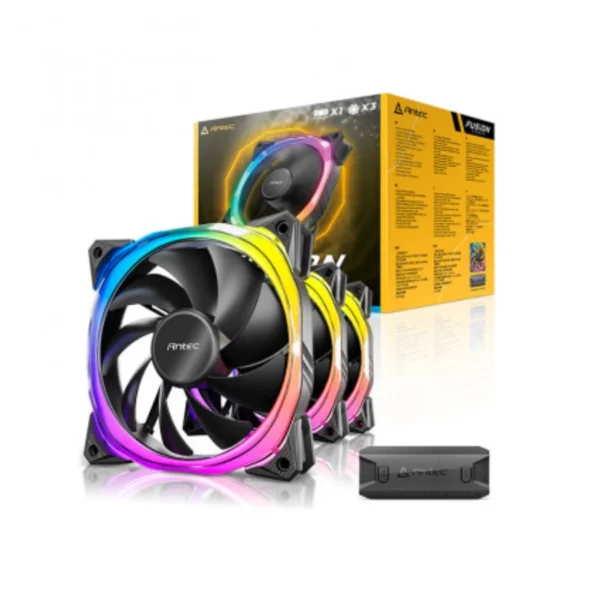 Kit De Tres Ventiladores ANTEC Fusión ARGB / 120mm / 600±200-2000±10% RPM / 57.93 CFM / 17.02-31.24 dBA / Conector PVM 4 Pines / Incluye Controlador / Negro - Image 1