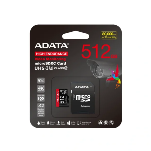 Memoria Micro SD ADATA HIGH ENDURANCE / 512GB / UHS-I, Clase 10 / Con Adaptador / Lectura 100 MB/S / Negro Rojo - Image 1