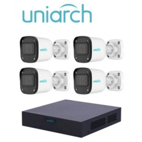 KIT De Vigilancia UNIARCH KIT XVR301-04F/4*UAC-B112-F28 / 2MP / IR 20 Mts / DVR 4 Canales / 4 Cámaras Tipo Bala / Incluye Fuente De Poder Y Accesorios / Uso Exterior IP67 / Blanco-Negro - Image 1