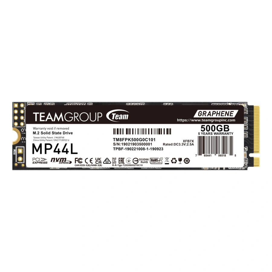 1 Unidad SSD M.2 NVMe TEAMGROUP MP44L / 500GB / PCIe 4.0 x4 / 2280 / Lectura 5000MB/s / Escritura 2500MB/s / Negro - Image 1