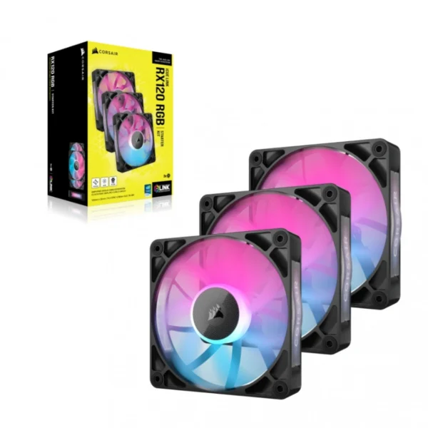 Kit 3 Ventiladores CORSAIR iCUE LINK RX120 RGB / 3 Ventiladores PWM 120mm / 2100 RPM / 10.4-73.5 CFM / 10-36 dbA / Negro - Image 2
