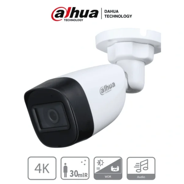 Cámara De Vigilancia DAHUA DH-HAC-HFW1801CN-A / 8Mp / 3840X2160 Pixeles / IR 30Mts / Micrófono / Para Exterior / Metálica / IP 67 / Blanco - Image 1