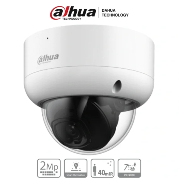 Cámara De Vigilancia DAHUA Domo Antivandálica / 2Mp / Lente De 2.8mm, 3.6mm / Ir De Luz 40Mts / CVI / CVBS / AHD / TVI / Para Exterior IP67 / Blanco - Image 1