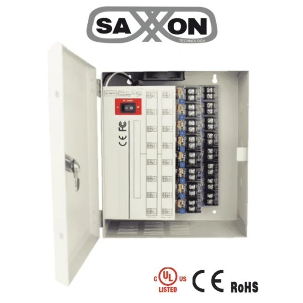 Fuente De Poder Profesional SAXXON PSU1220-D16H / Cámaras CCTV Hasta 4K / 11V a 15V / 20 AMP / Para 16 Cámaras / 1.25 Amperes Por Canal / Protección Contra Sobrecargas / Metal - Image 1