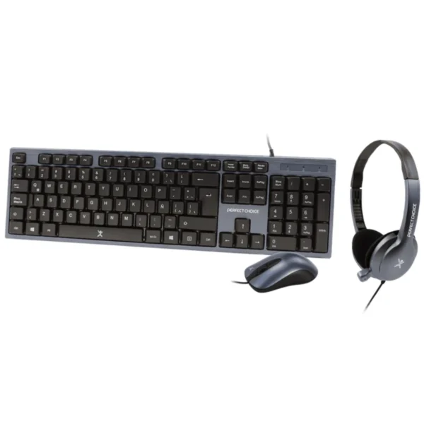 Kit De Oficina PERFECT CHOICE PC-201700 / Teclado, Mouse, Diadema Con Micrófono / Alámbrico / USB / Cable 1.5M/1.3 M / 1000DPI / 3 Botones / Micrófono / Español / Azul - Image 1