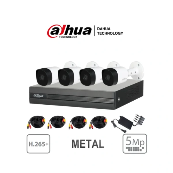 KIT De Vigilancia DAHUA DH-KIT/XVR1B04H-I/4-B2A51N-0280B-S2 / 5MP / IR 20 Mts / DVR 4 Canales / 4 Cámaras Tipo Bala / Incluye Fuente De Poder Y Accesorios / Uso Exterior IP67 / Color Blanco-Negro - Image 1