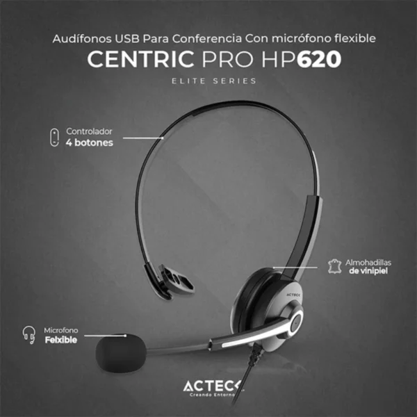 Diadema ACTECK CENTRIC PRO HP620 / Micrófono / Alámbrico / Llamadas / USB-A / Cable 2 M / Over-Ear / Negro - Image 2