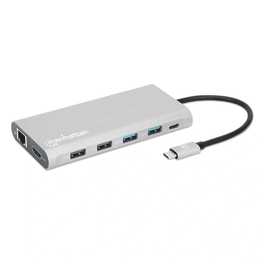 usb-c-pd-12-in-1-triple-hdmi-monitor-docking-station-with-mst-130660-1_1024x1024@2x Docking station 12 en 1 MANHATTAN 130660 / 12 Puertos / X4 USB-A, X1 USB-C, X2 SD/MicroSD, X3 HDMI, X1 RJ45 / Color Aluminio - Imagen 1