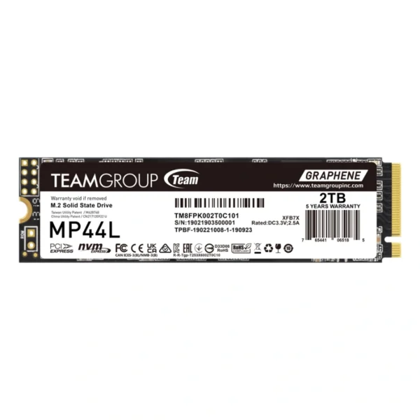 Unidad SSD M.2 NVME TEAMGROUP MP44L / 2TB / 2280 / NVMe M.2 / PCIe 4.0 x4 / Lectura 4800 MB/s, Escritura 4400 MB/s / Retail / Color Negro - Image 1
