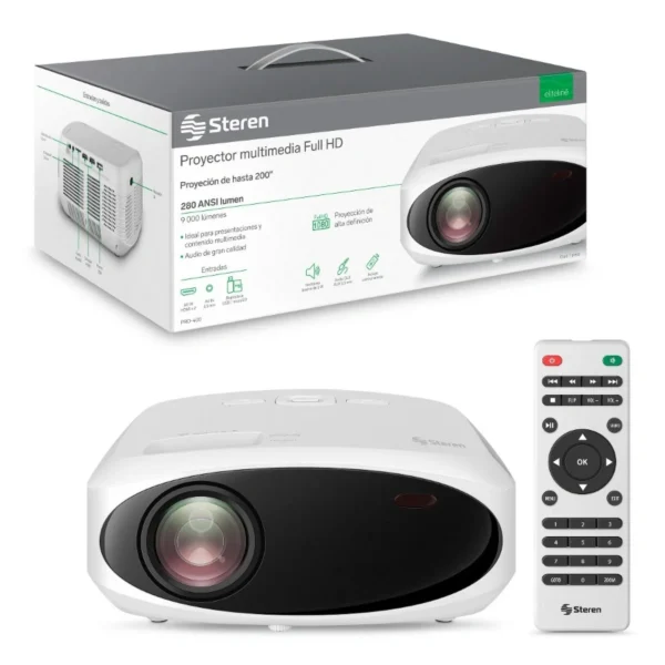 Proyector Multimedia STEREN PRO-400 / LED / 9000 Lúmenes / Full HD 1080P / HDMI, USB, Micro SD, 3.5mm / Incluye Control / Color Blanco - Image 4