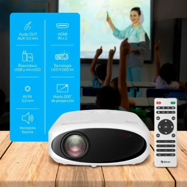 Proyector Multimedia STEREN PRO-400 / LED / 9000 Lúmenes / Full HD 1080P / HDMI, USB, Micro SD, 3.5mm / Incluye Control / Color Blanco - Image 5