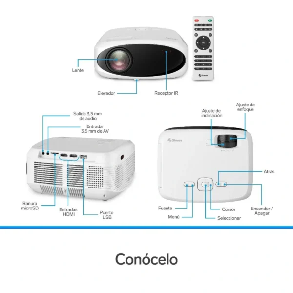 Proyector Multimedia STEREN PRO-400 / LED / 9000 Lúmenes / Full HD 1080P / HDMI, USB, Micro SD, 3.5mm / Incluye Control / Color Blanco - Image 3
