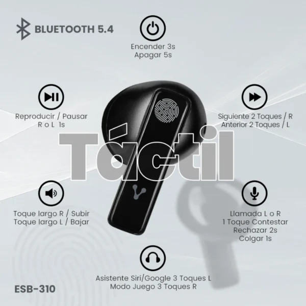 Audífonos Inalámbricos VORAGO ESB-310 - Micrófono Integrado, USB Tipo C, Bluetooth 5.4, Estuche de Carga, 6 Hrs de Reproducción, Negro - Touch - Image 7