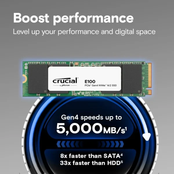 Unidad SSD M.2 NVME Crucial E100 1TB - M.2 2280, 3000 MB/s Escritura, 5000 MB/s Lectura, PCI Express 4.0 - Verde - Image 2