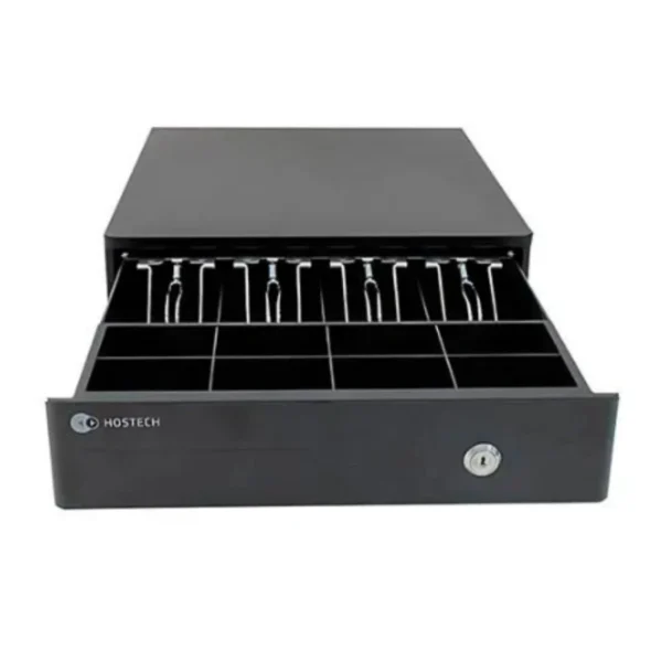 Cajón de Dinero STYLOS HOSTECH HT-300 - x4 Billetes, x8 Monedas, Cable Rj11, Acero, Con Llave, Negro - Image 1