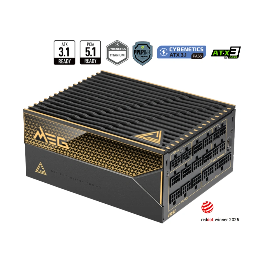 1024 Fuente de Poder MSI MEG AI1600T PCIE5 1600W - Full Modular, PCIe 5.1, ATX 3.1, 80+ TITANIUM, 24 pin, PCI-e 6+2 Pin, EPS 4+4 Pin, 135mm, Negro - Image 1