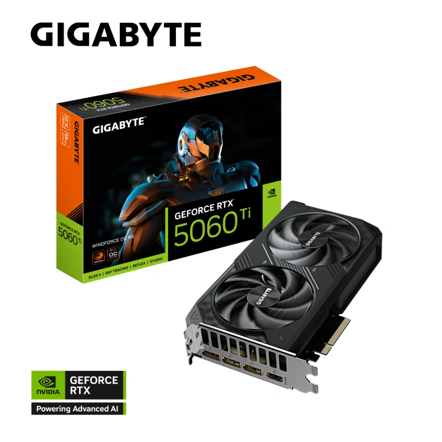 GeForce RTX™ 5060 Ti WINDFORCE OC 8G-01 Tarjeta De Video Gigabyte NVIDIA GeForce RTX 5060 TI WINDFORCE OC - 8GB 128-bits GDDR7, PCI Express x16 5.0, Cuda 4608, Boost Clock 2587MHz, x8 16Pin, DP, HDMI, Negro - Image 1