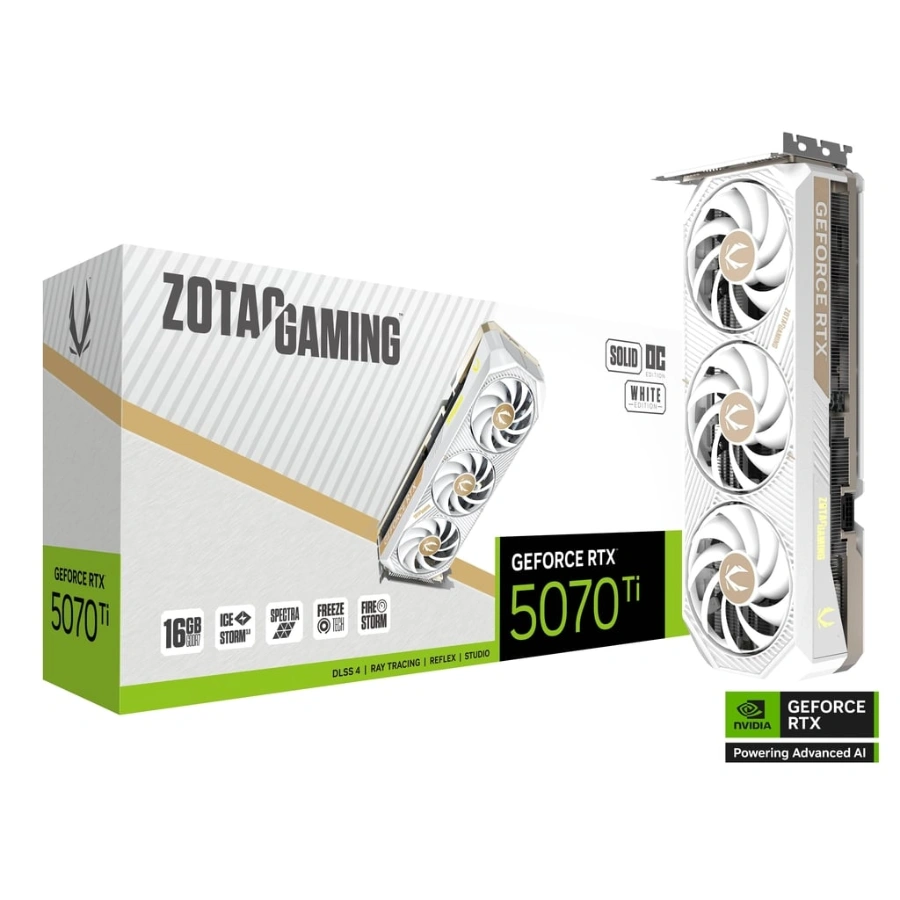 zt-b50710q2-10p-image01 Tarjeta de Video Zotac NVIDIA GeForce RTX 5070 Ti Solid Core OC White Edition - 16GB 256-bit GDDR7, PCI Express x16 5.0, Cuda 8960, x2 8Pin, DP, HDMI - Image 1