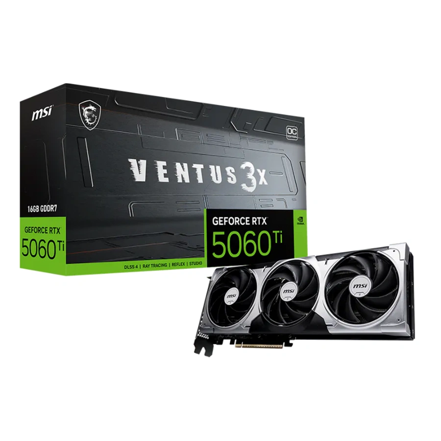 2c84624eef6e36b23dcc361f26ea80da Tarjeta de Video MSI GeForce RTX 5060 Ti VENTUS 3X OC – 8GB, 128-bit GDDR7, PCI-e 5.0, Núcleos CUDA 4608, DP, HDMI, Boost 2617MHz, x1 8 Pines, Negro - Imagen 1