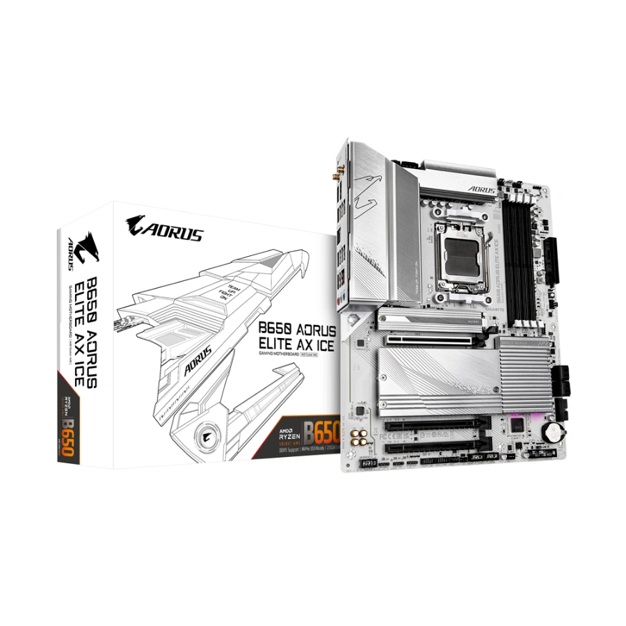 B650 AORUS ELITE AX ICE_01 Tarjeta Madre Gigabyte B650 AORUS ELITE AX ICE - ATX, AMD B650, x4 DDR5 Hasta 256GB 8000MT/s (OC), 3x M.2 PCIe 5.0/4.0, Wi-Fi 6E - Blanco - Imagen 1