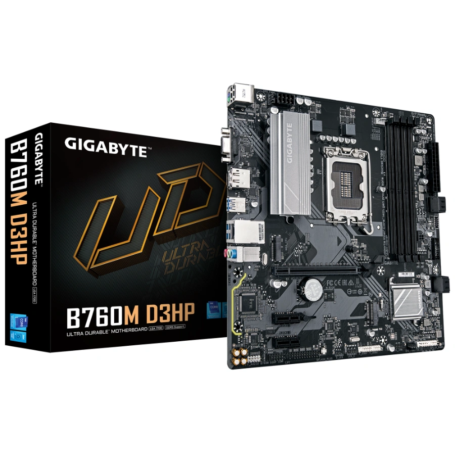 B760M D3HP_01 Tarjeta Madre Gigabyte B760M D3HP - Chipset Intel B760, Socket LGA1700, X4 DDR5 hasta 256GB 5600MT/s, PCIe 4.0, Realtek GbE LAN - Micro ATX - Imagen 1