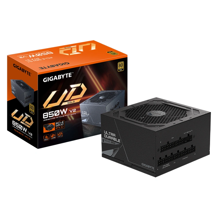 71069cf03153d0c8b580469b0712838c Fuente de Poder Gigabyte UD850GM PG5 V2 - ATX 12V v3.1, 850W, 80 Plus Gold, Totalmente Modular, Ventilador 120mm - Negro - Image 1